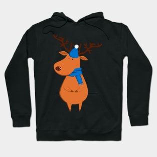 Funny Christmas Reindeer in Blue Hat & Scarf Hoodie